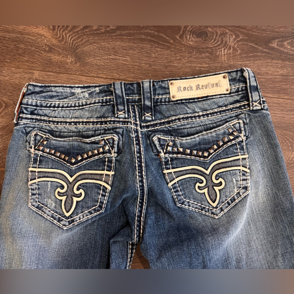 Rock Revival Women's Boot Cut Jeans in Washed Blue with Cream Stitching